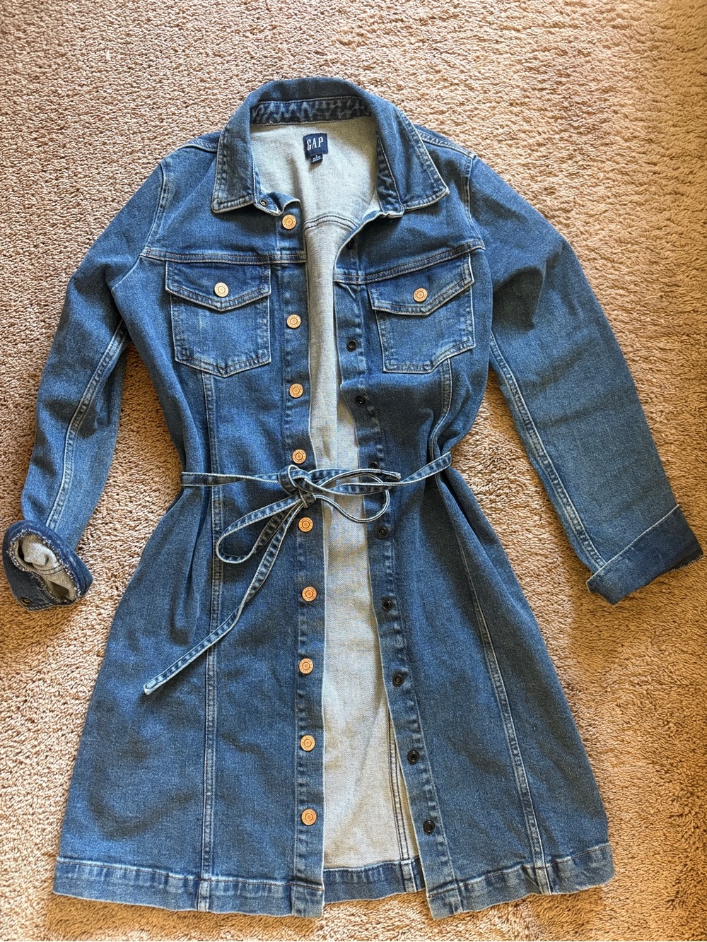 GAP Women's Medium Blue Denim dress/ long Jacket with Waist Tie org $89